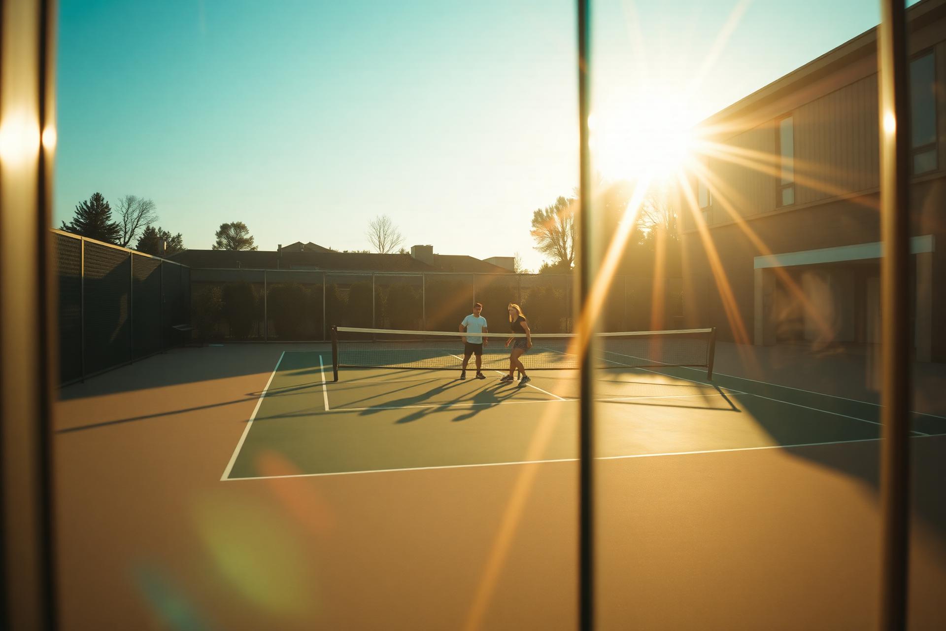 Padelbaan tijdens golden hour met twee spelers aan het net