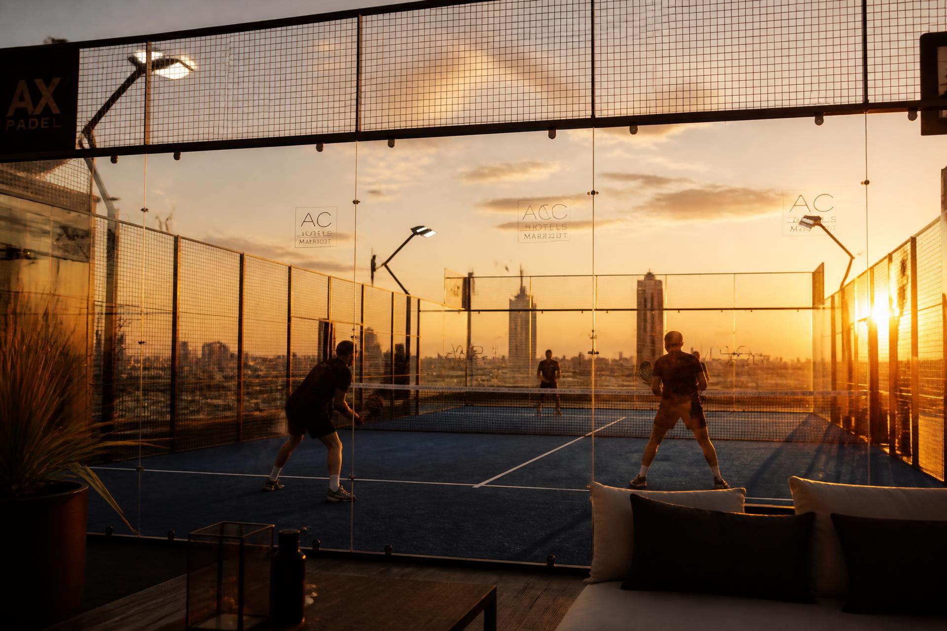 Rooftop padelbaan met skyline tijdens golden hour